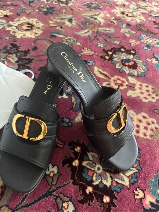 Dior Shoes - Dior Black Leather Mules with Gold CD Emblem